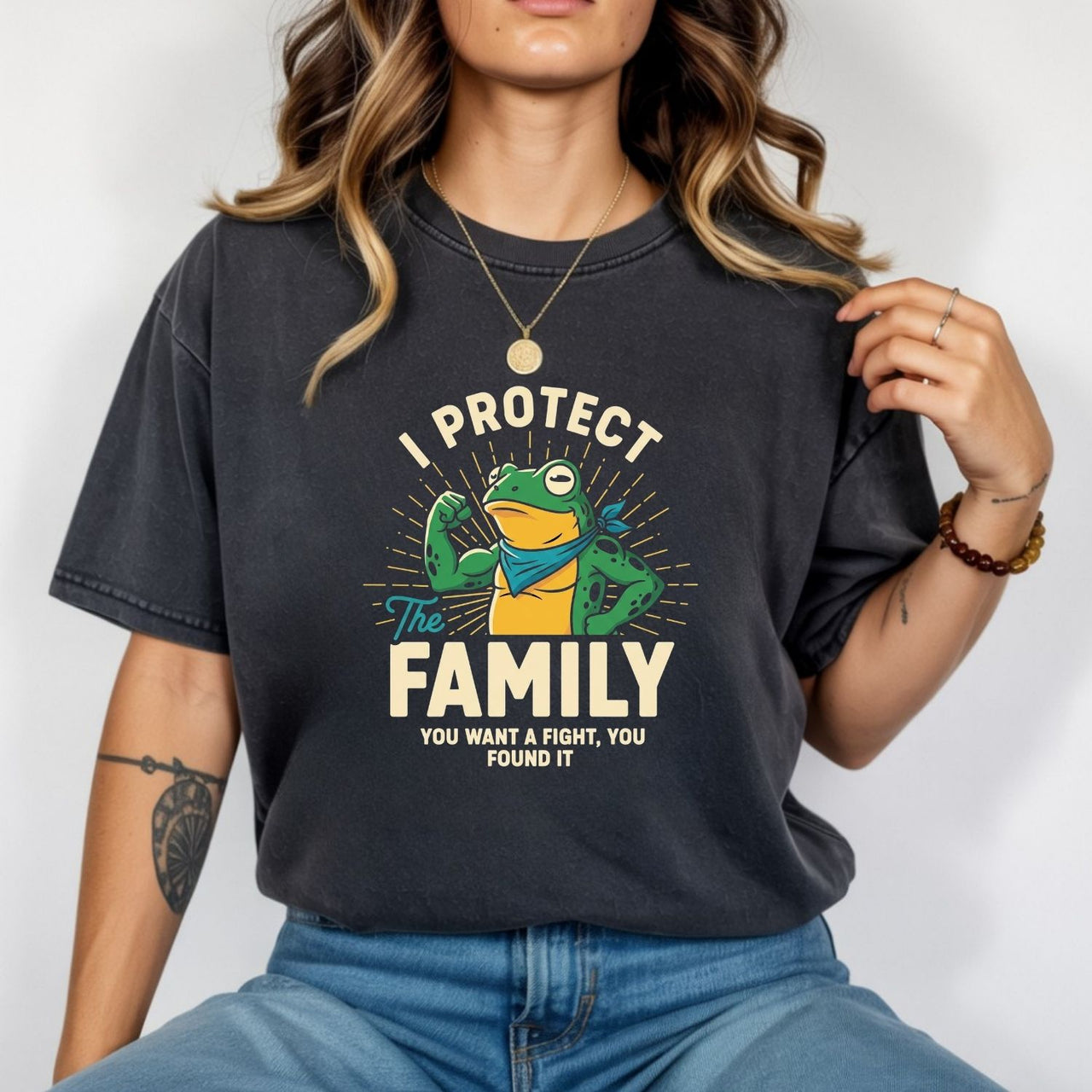 I Protect Family Frog Graphic Tee – No Kings in America Funny Satire Tee