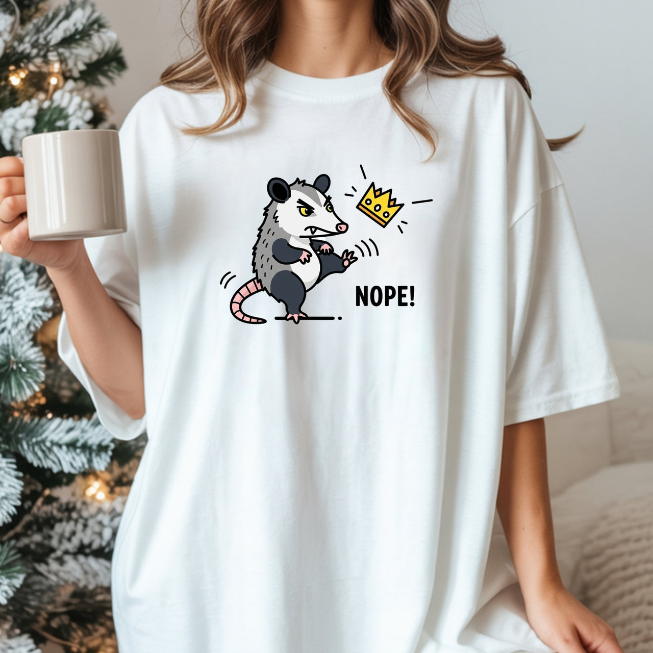 Nope Possum T-Shirt – No Kings Funny Graphic Tee – Grumpy Opossum Kicking Crown