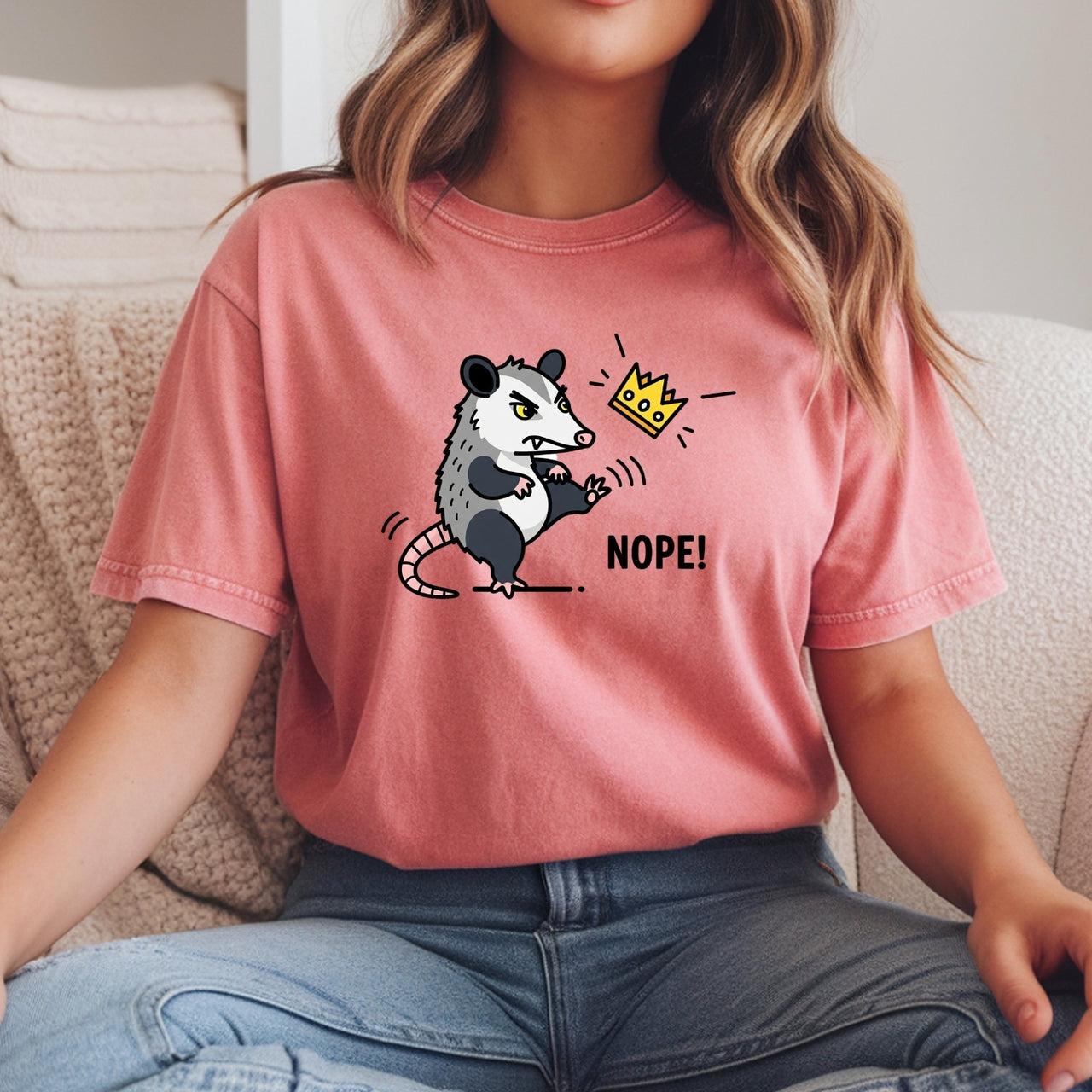 Nope Possum T-Shirt – No Kings Funny Graphic Tee – Grumpy Opossum Kicking Crown