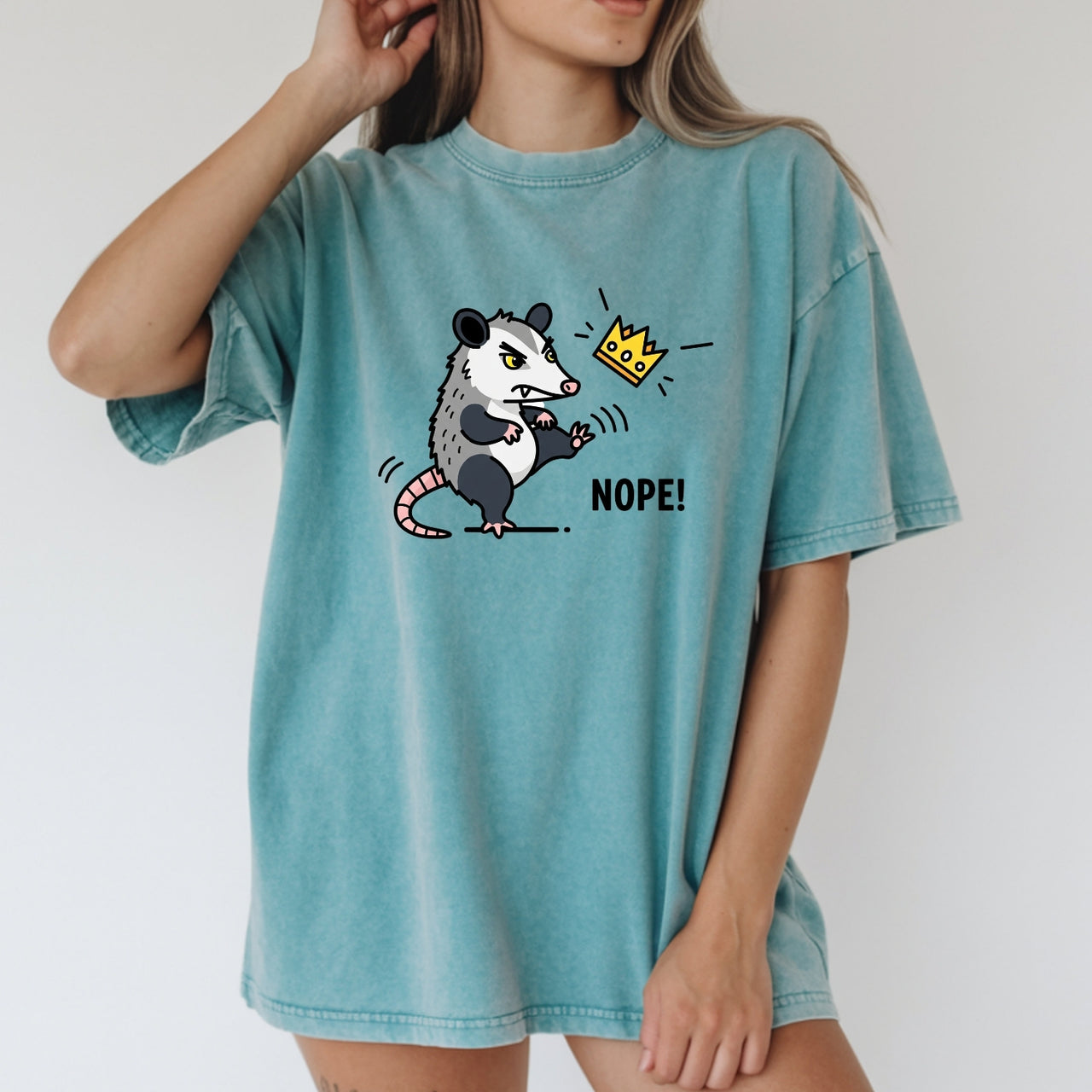Nope Possum T-Shirt – No Kings Funny Graphic Tee – Grumpy Opossum Kicking Crown
