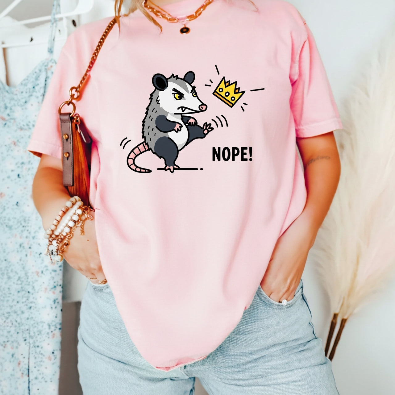Nope Possum T-Shirt – No Kings Funny Graphic Tee – Grumpy Opossum Kicking Crown