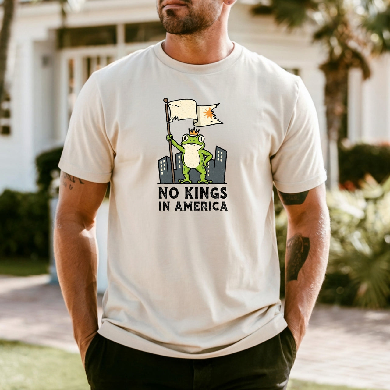No Kings in America Frog T-Shirt – Rebellious Cartoon Graphic Tee – Funny Freedom Design