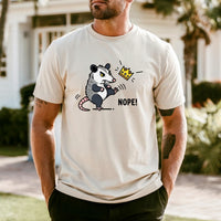 Nope Possum T-Shirt – No Kings Funny Graphic Tee – Grumpy Opossum Kicking Crown