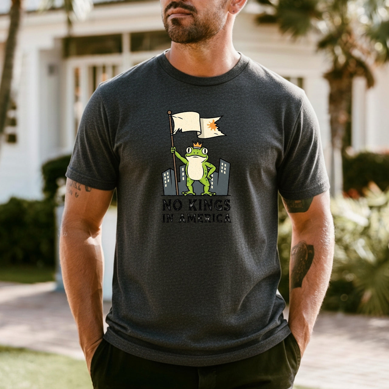 No Kings in America Frog T-Shirt – Rebellious Cartoon Graphic Tee – Funny Freedom Design