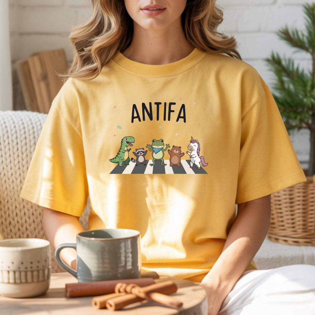 Cute Animal Friends Crossing T-Shirt - Frog Dinosaur Unicorn Graphic Tee