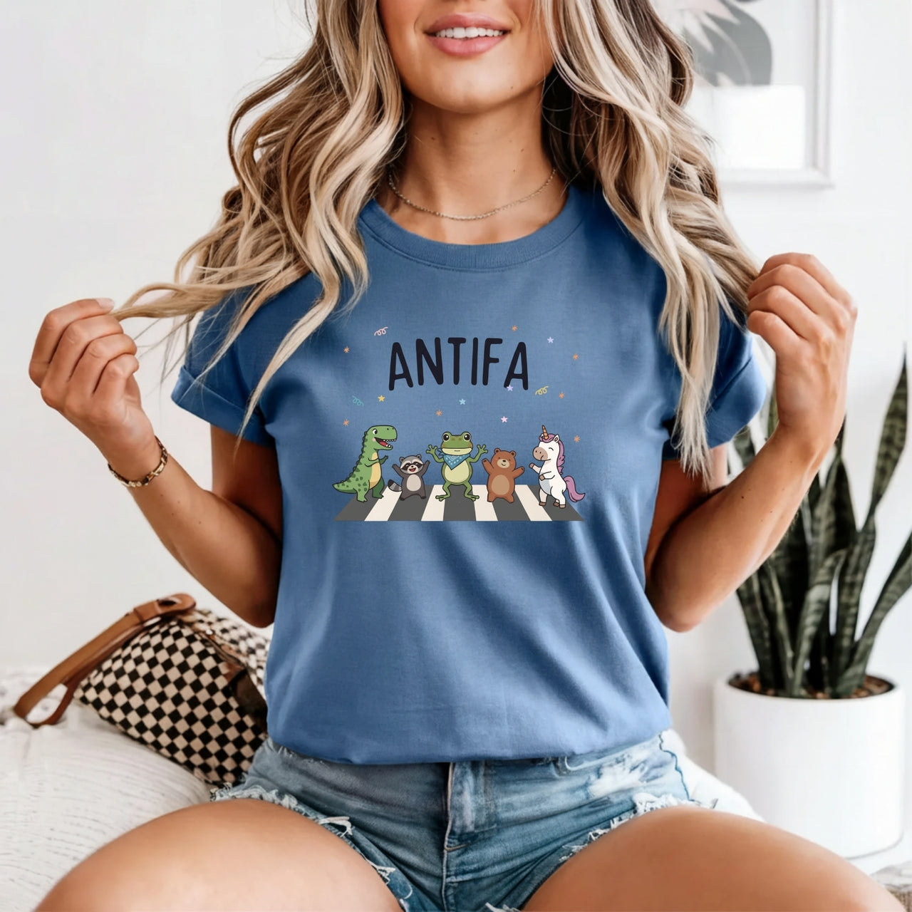 Cute Animal Friends Crossing T-Shirt - Frog Dinosaur Unicorn Graphic Tee