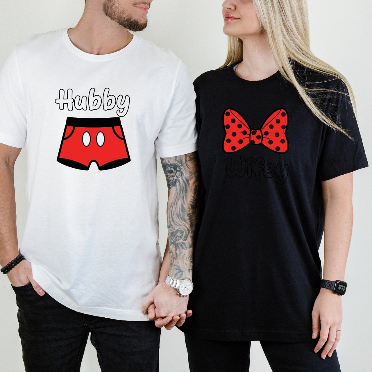 Hubby and Wifey Funny Bowtie Matching T-Shirts For Couples