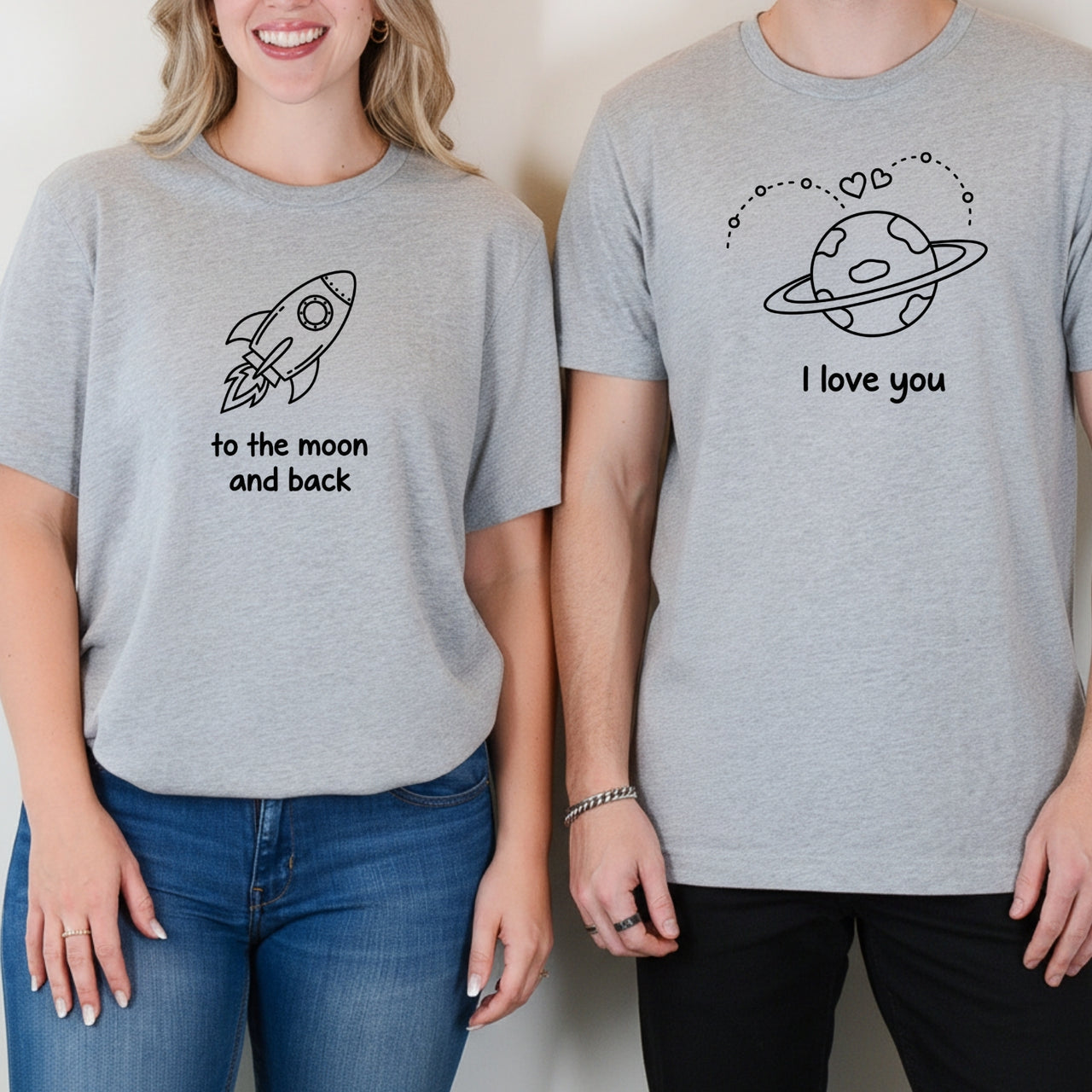 I Love You To The Moon and Back Heart Matching T-Shirts For Couples