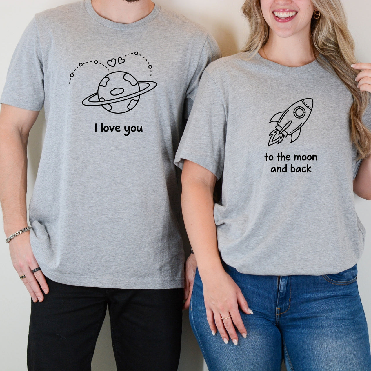 I Love You To The Moon and Back Heart Matching T-Shirts For Couples
