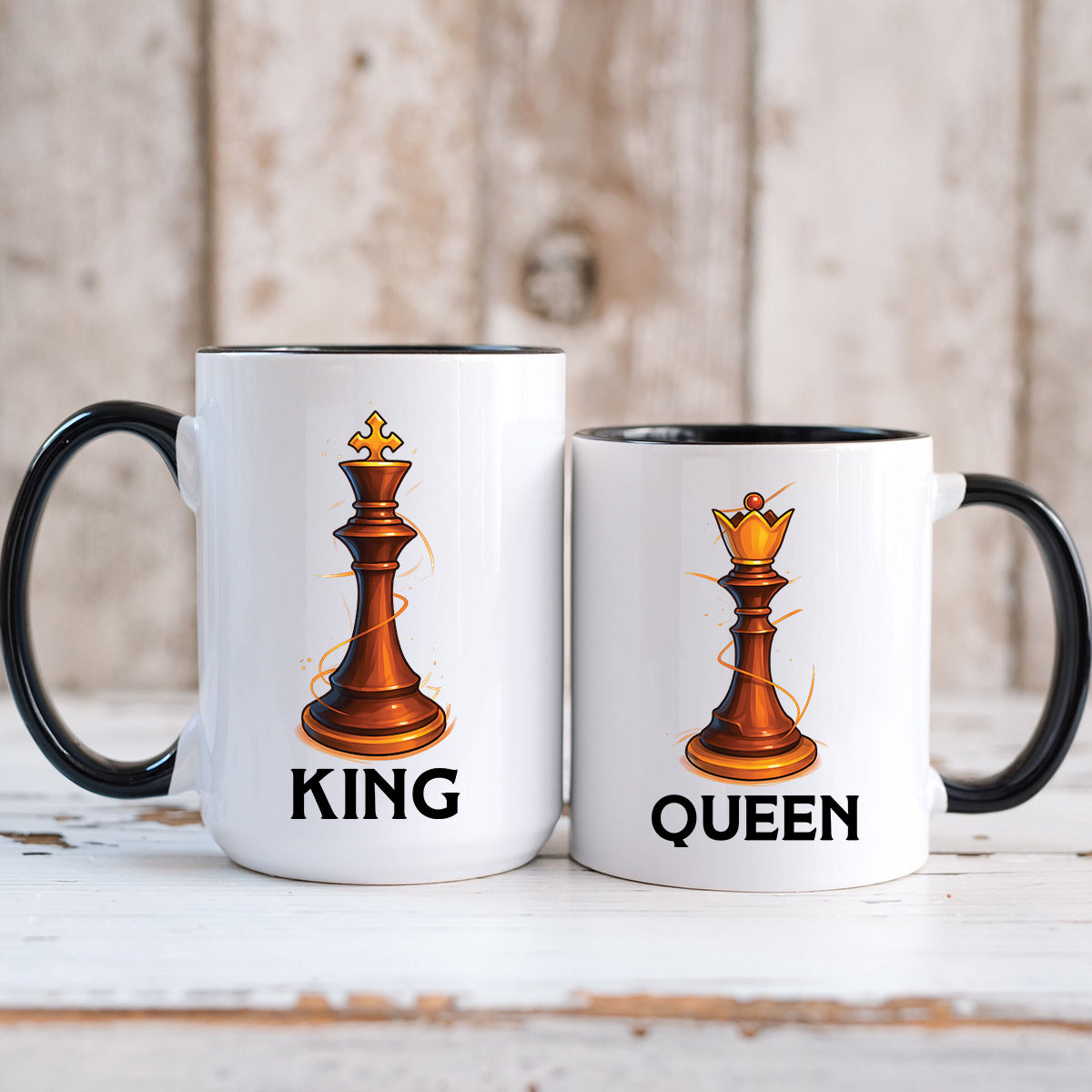 King & Queen Chess Piece Matching Mugs For Couples