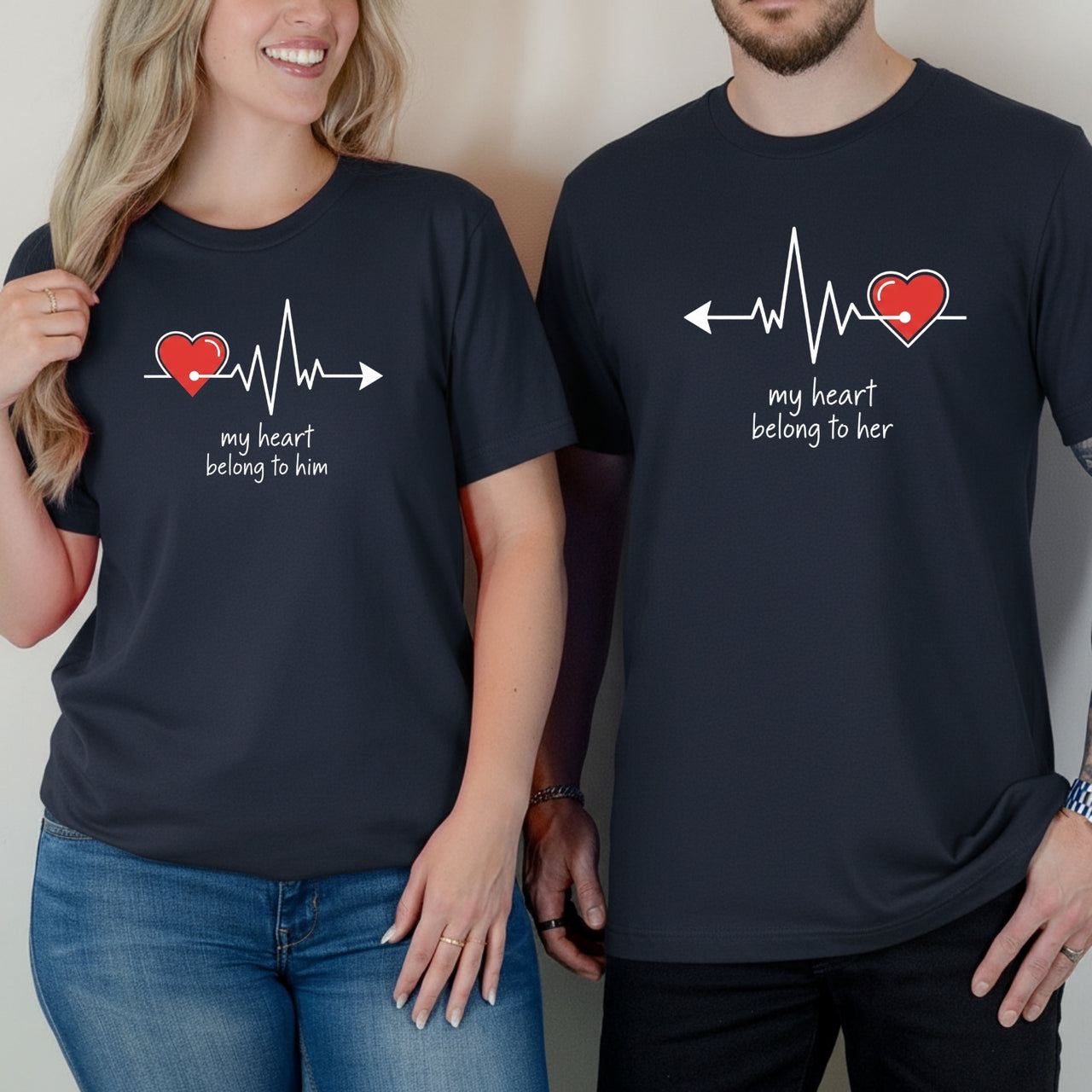 My Heart Belong To Her Him Heart Beat Matching T-Shirts For Couples