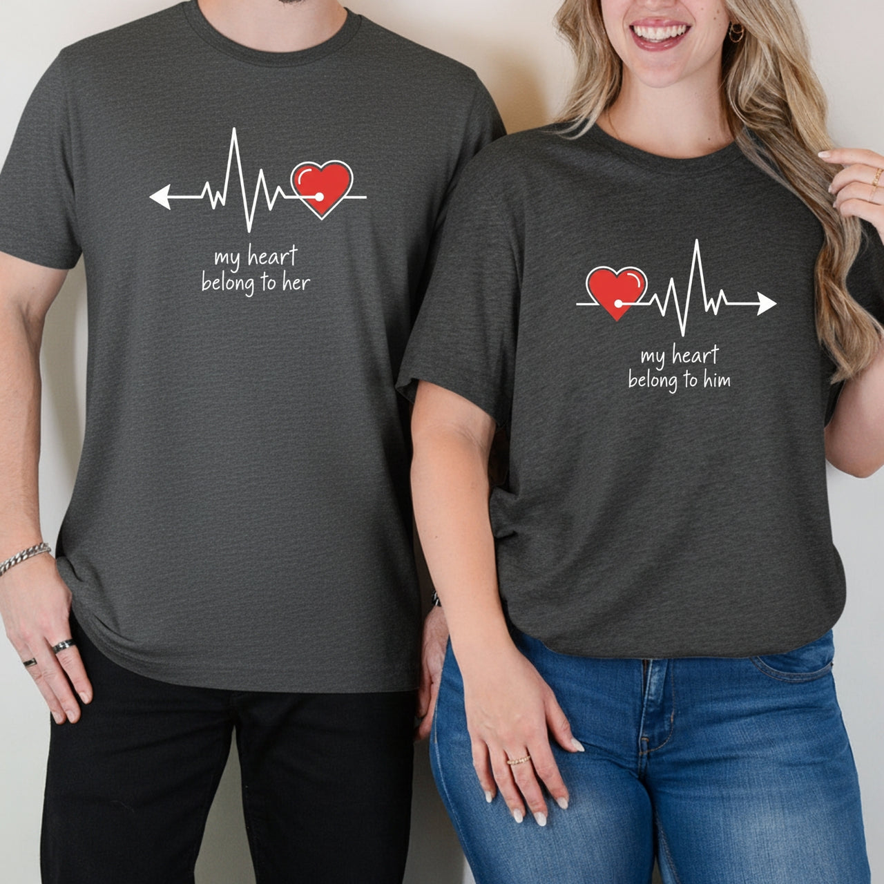 My Heart Belong To Her Him Heart Beat Matching T-Shirts For Couples