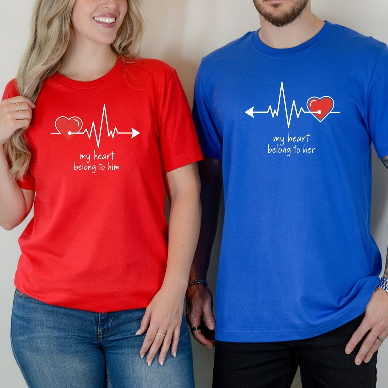 My Heart Belong To Her Him Heart Beat Matching T-Shirts For Couples
