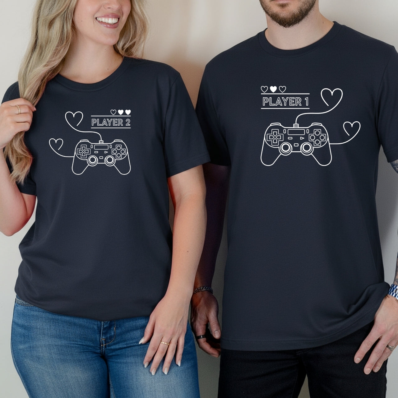 Player 1 Player 2 With Heart Matching T-Shirts For Couples