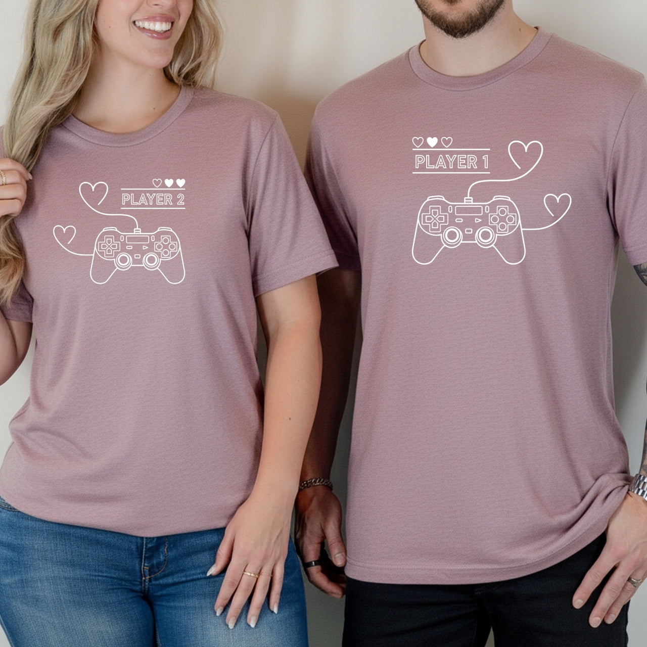 Player 1 Player 2 With Heart Matching T-Shirts For Couples