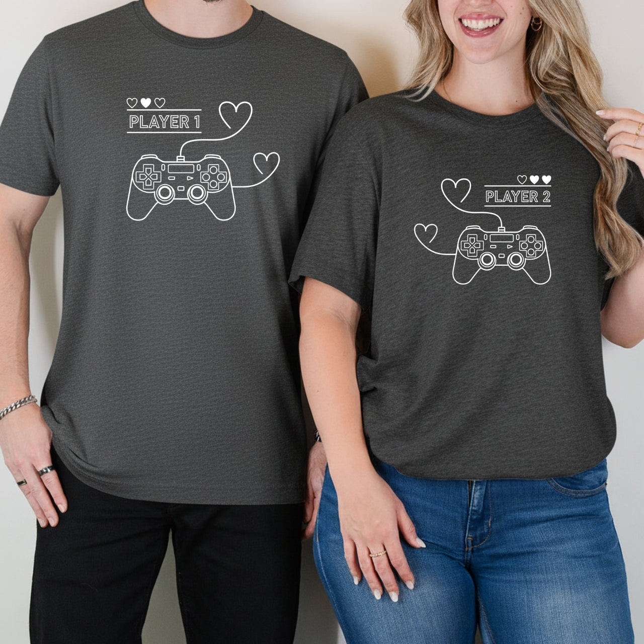 Player 1 Player 2 With Heart Matching T-Shirts For Couples