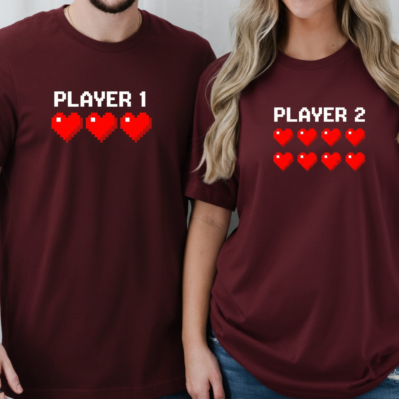 Player 1 and Player 2 Heart Matching T-Shirts For Couples