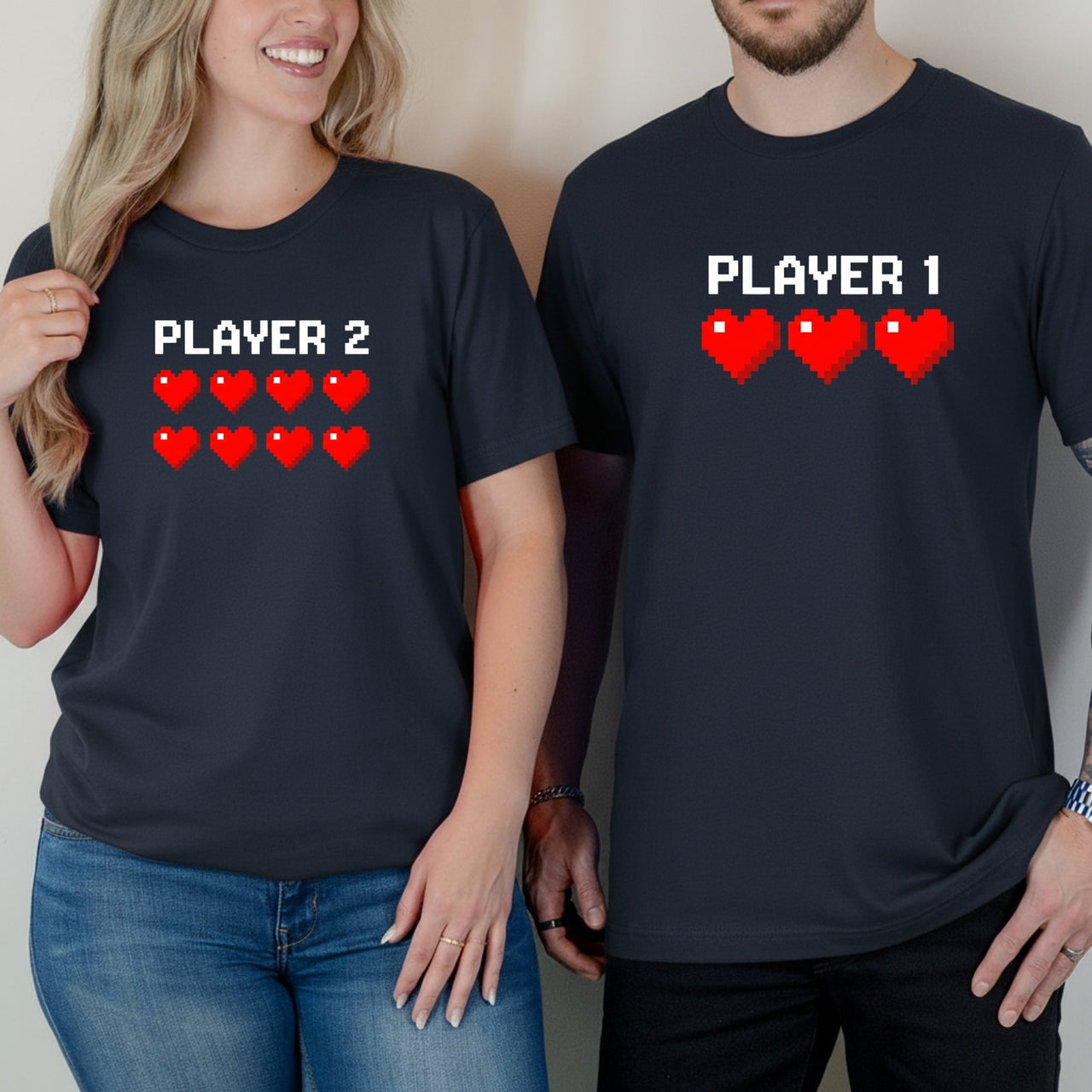 Player 1 and Player 2 Heart Matching T-Shirts For Couples