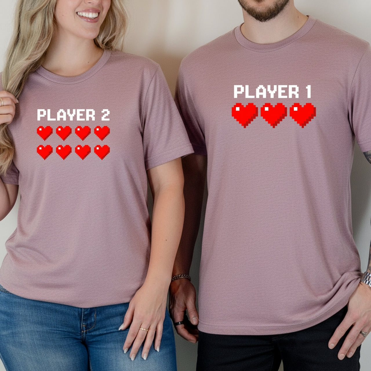 Player 1 and Player 2 Heart Matching T-Shirts For Couples