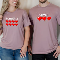 Player 1 and Player 2 Heart Matching T-Shirts For Couples