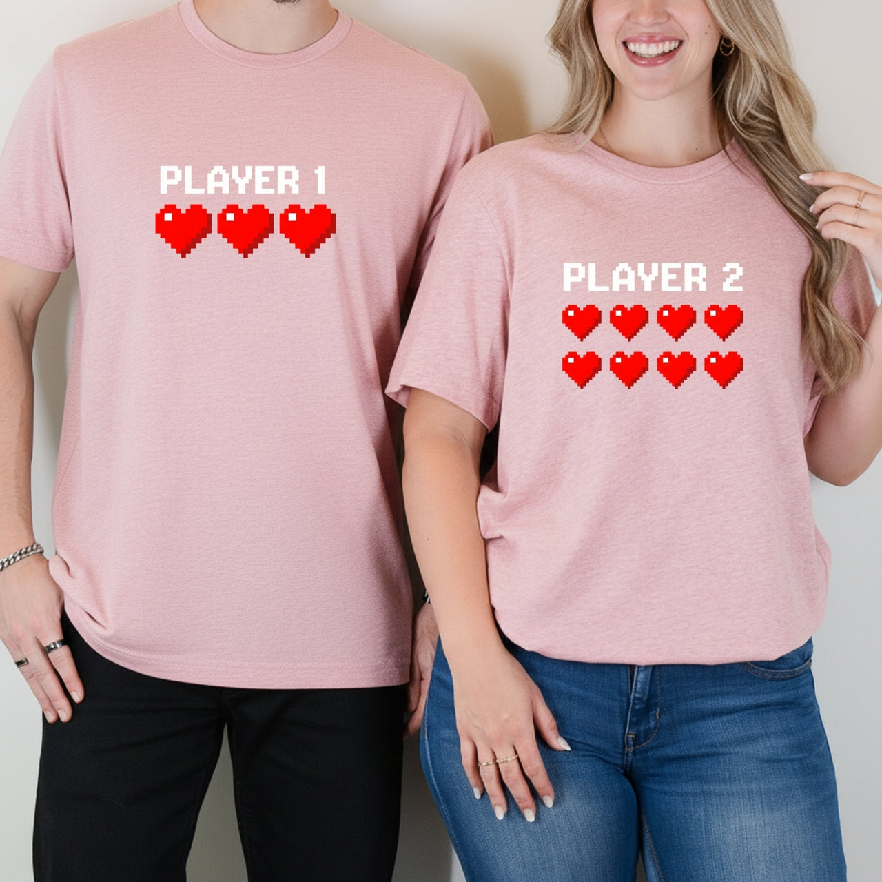 Player 1 and Player 2 Heart Matching T-Shirts For Couples