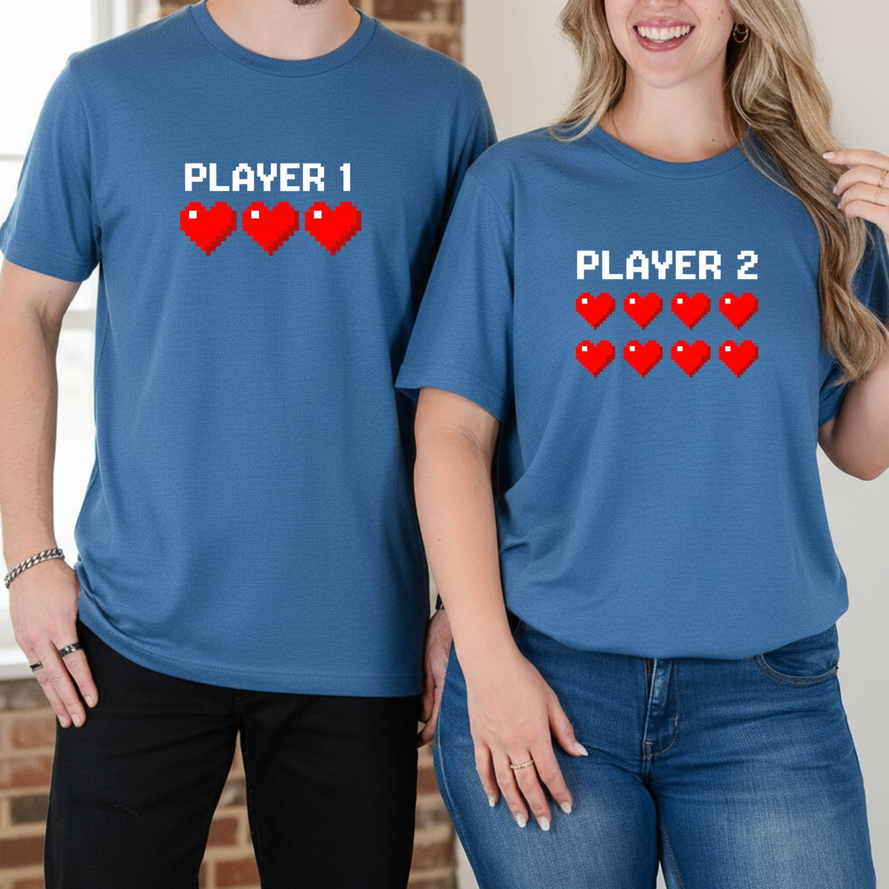Player 1 and Player 2 Heart Matching T-Shirts For Couples