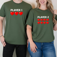 Player 1 and Player 2 Heart Matching T-Shirts For Couples