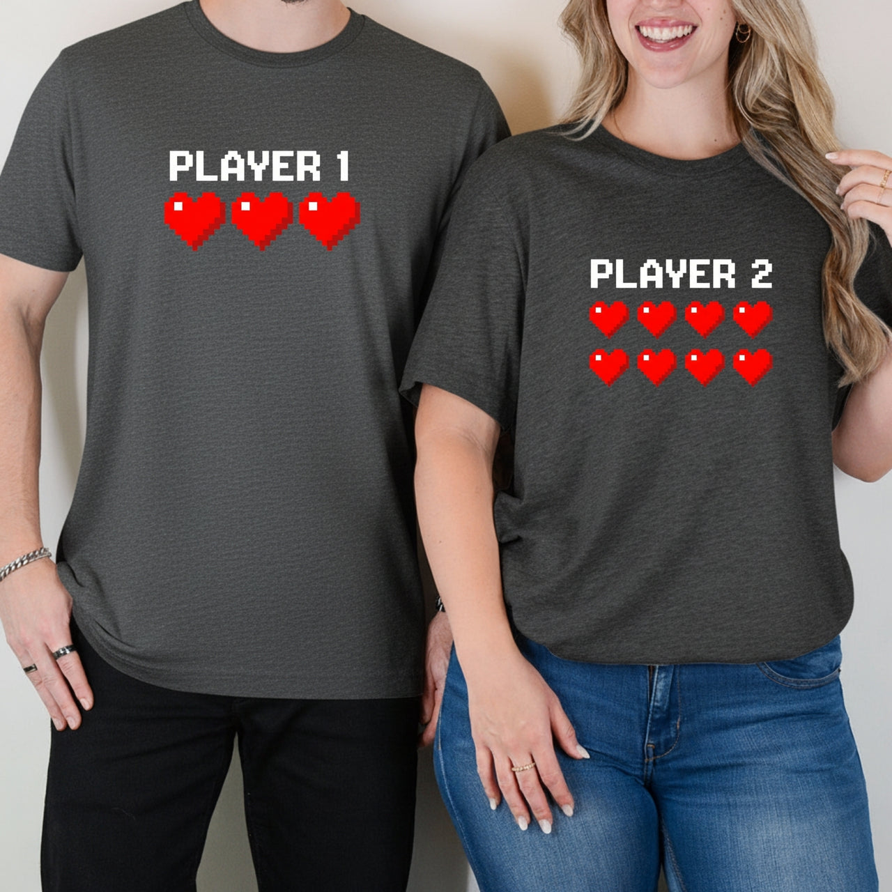 Player 1 and Player 2 Heart Matching T-Shirts For Couples