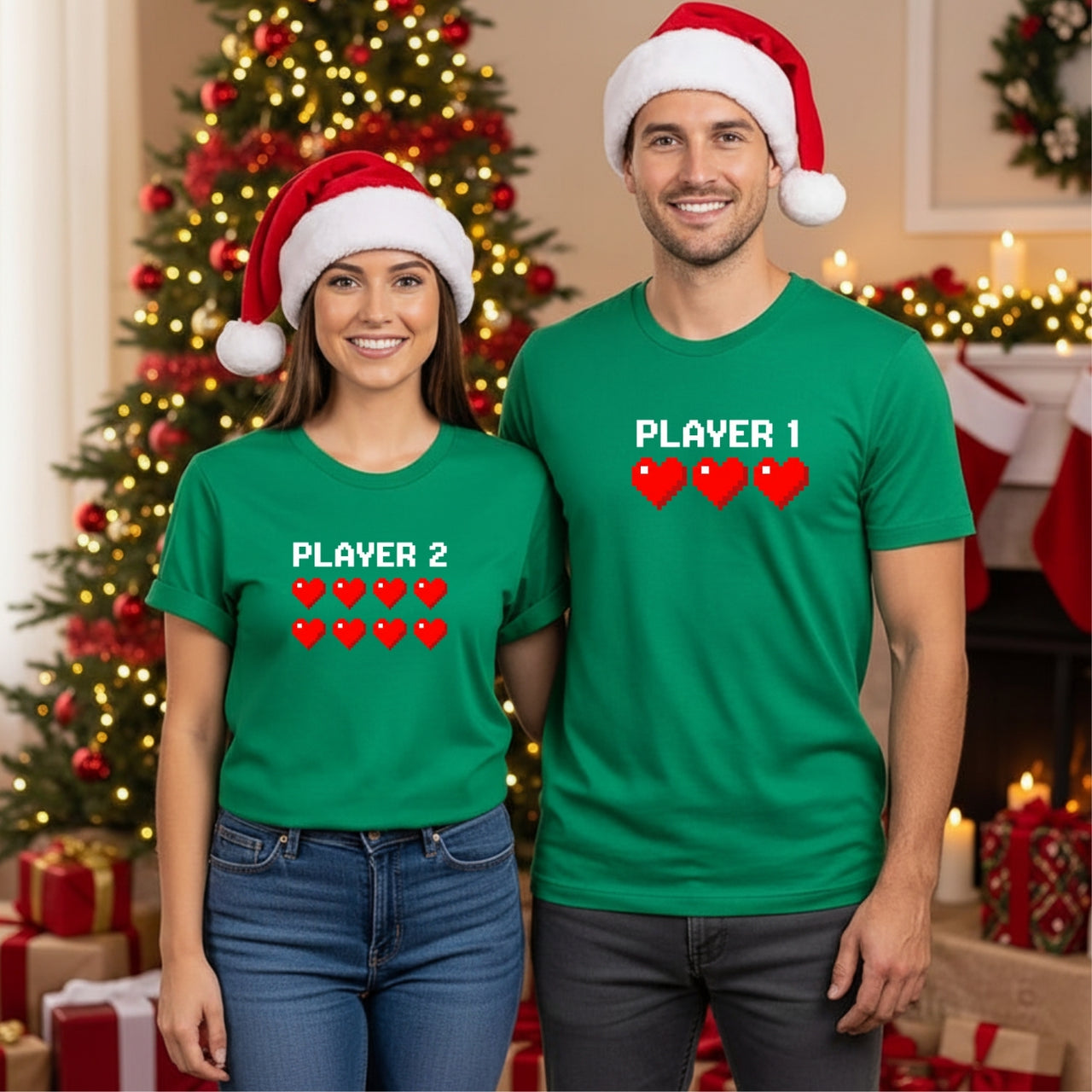Player 1 and Player 2 Heart Matching T-Shirts For Couples