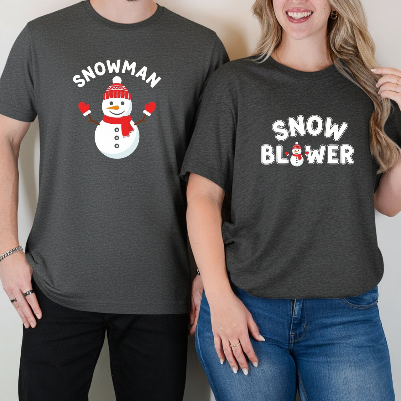 Snowman and Snow Blower Funny Matching T-Shirts For Couples