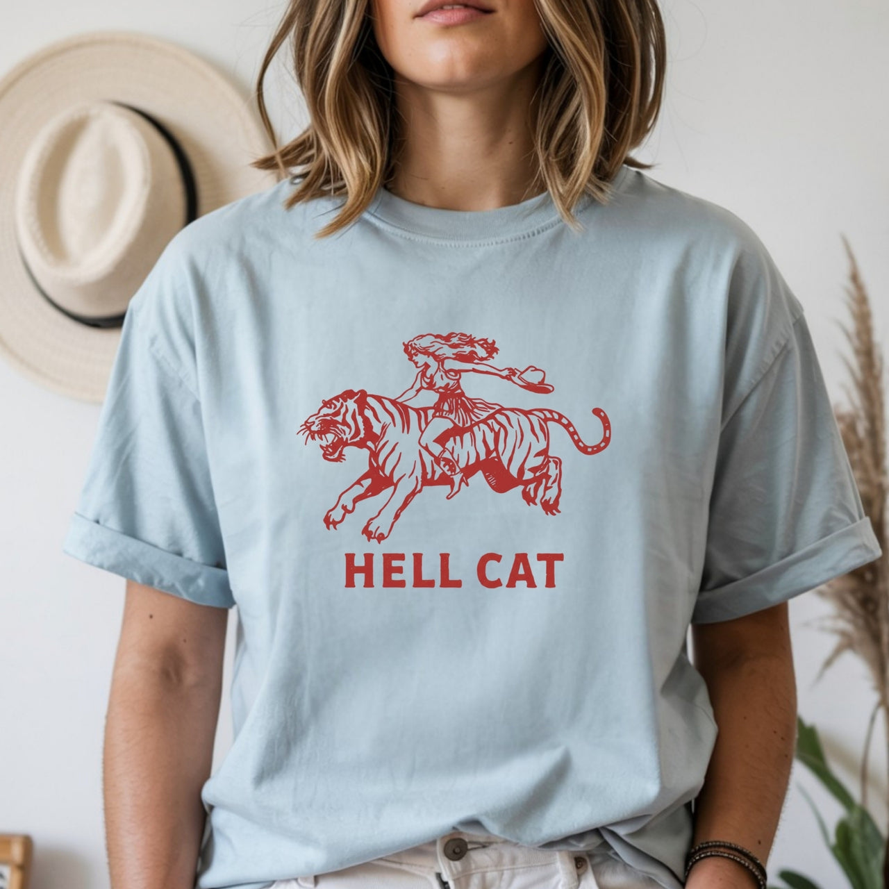 Vintage Cowgirl Hell Cat T-Shirt - Retro Western Tiger Graphic Tee