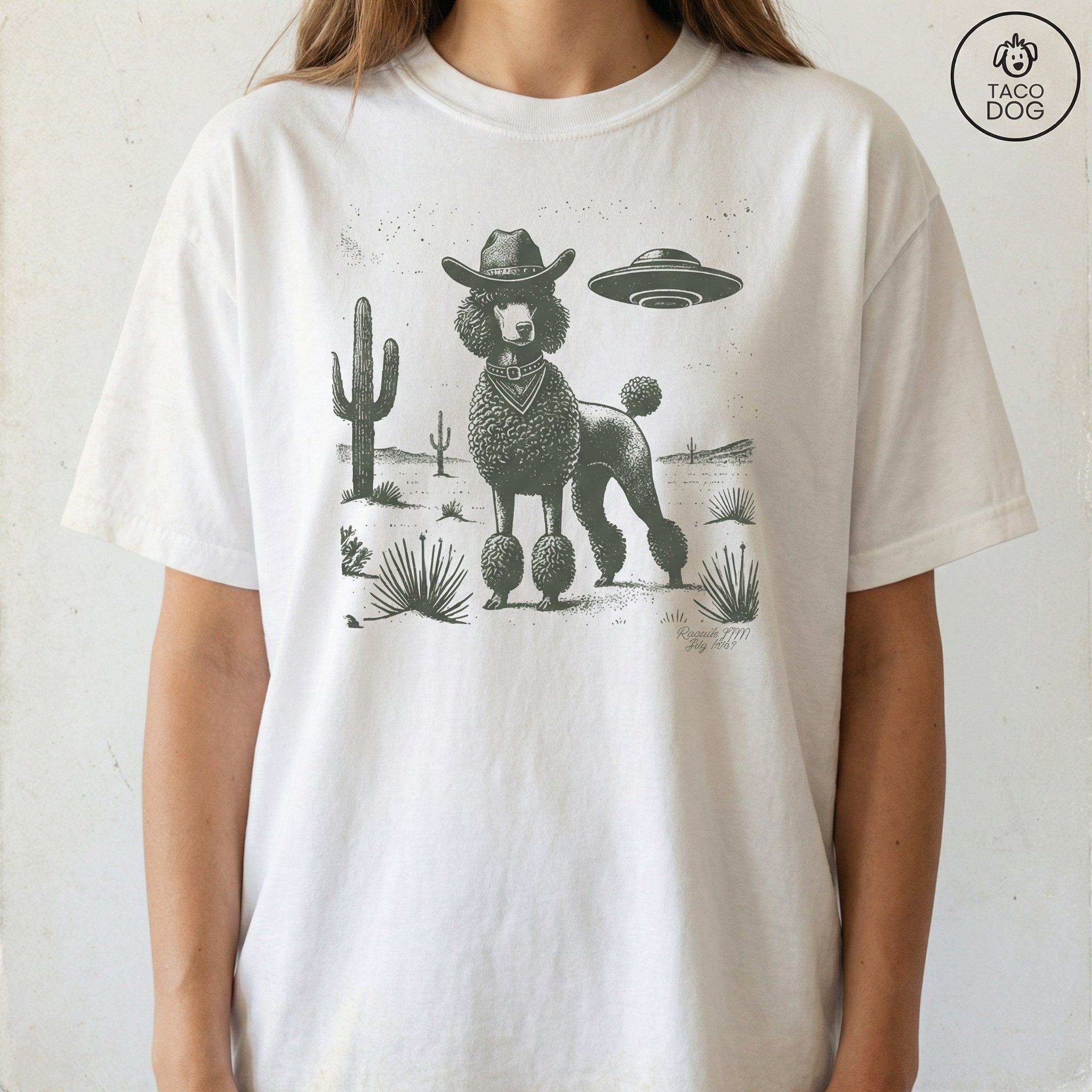 Vintage Poodle UFO Western T-Shirt – Retro Cowboy Dog Graphic Tee