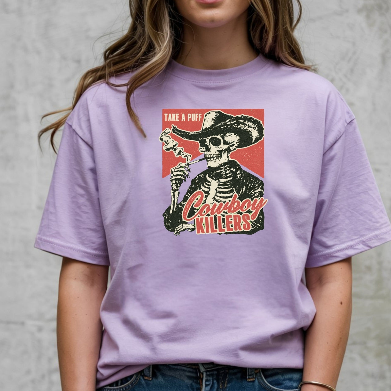Vintage Skeleton Take A Puff Cowboy T-Shirt - Western Skull Graphic Tee