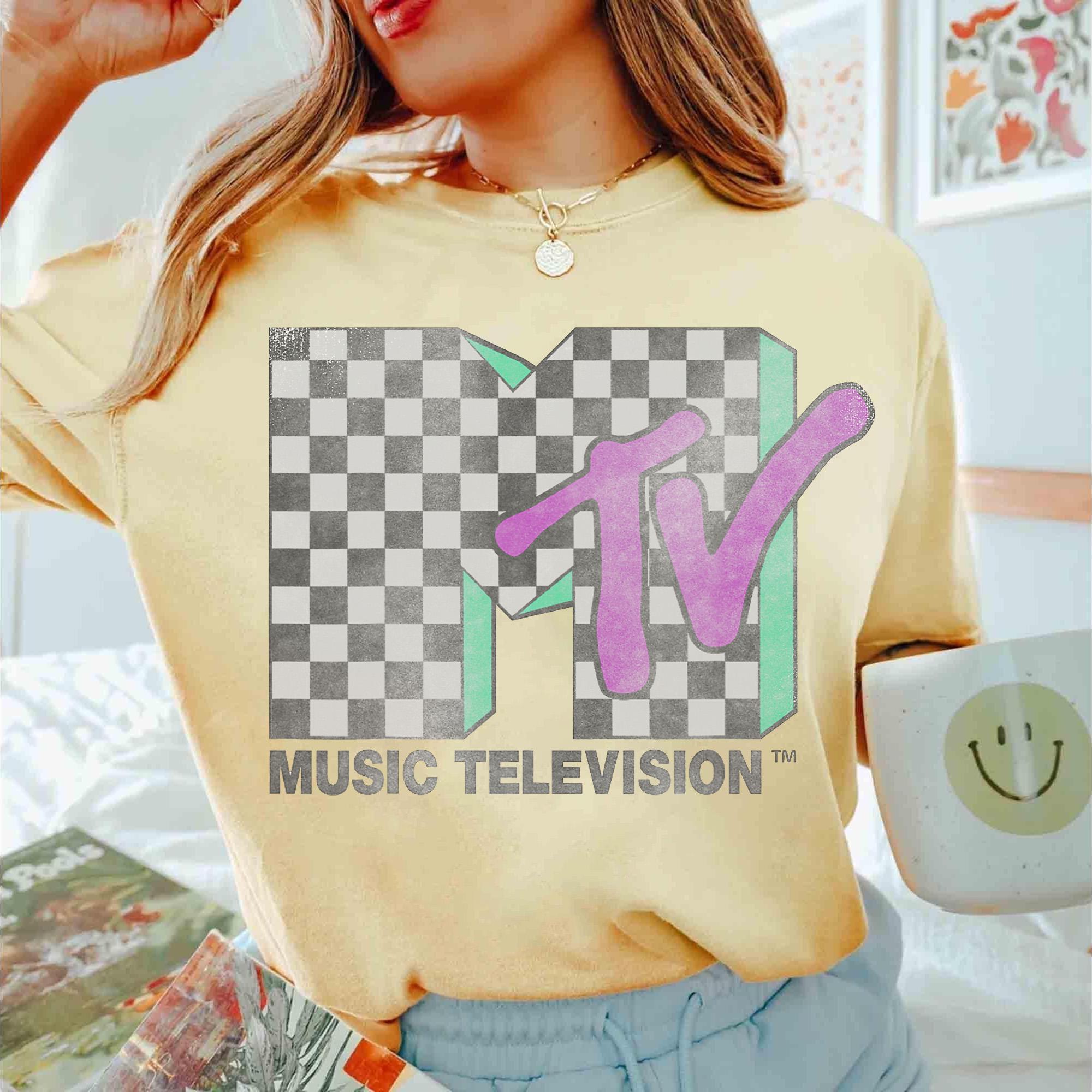 Retro Checkered Distressed Music Logo Graphic T-Shirt - Vintage 80s 90s Tee