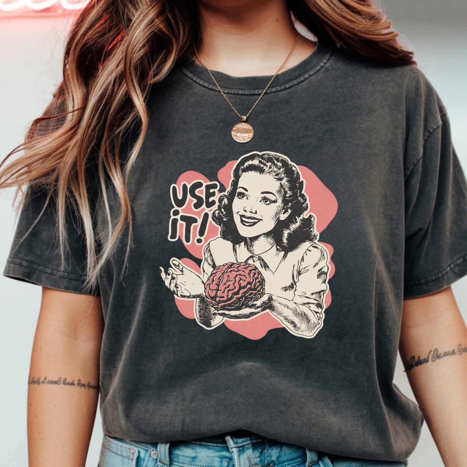 Use Your Brain Graphic T-Shirt – Sarcastic Vintage Tee – Funny Retro 50s Ad Parody