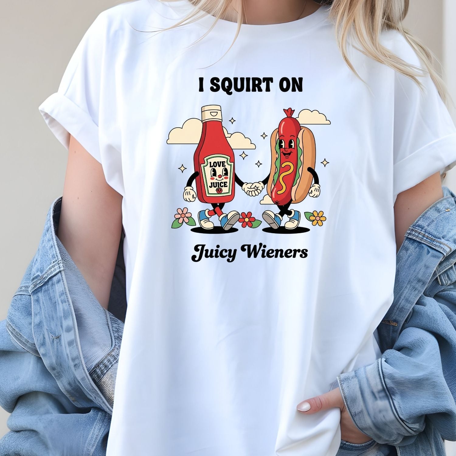 Funny I Squirt On Juicy Wieners Graphic Tee - Hot Dog Meme Shirt - Silly Inappropriate T-Shirt for Adults