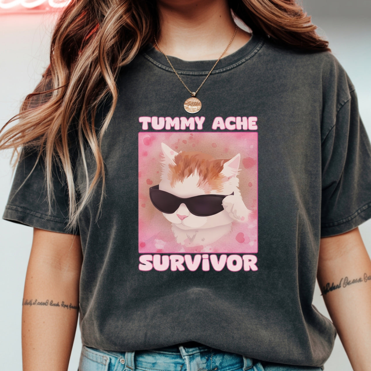 Tummy Ache Survivor Shirt – Funny Cat Meme Tee – Trendy Goofy Cat Graphic for Women