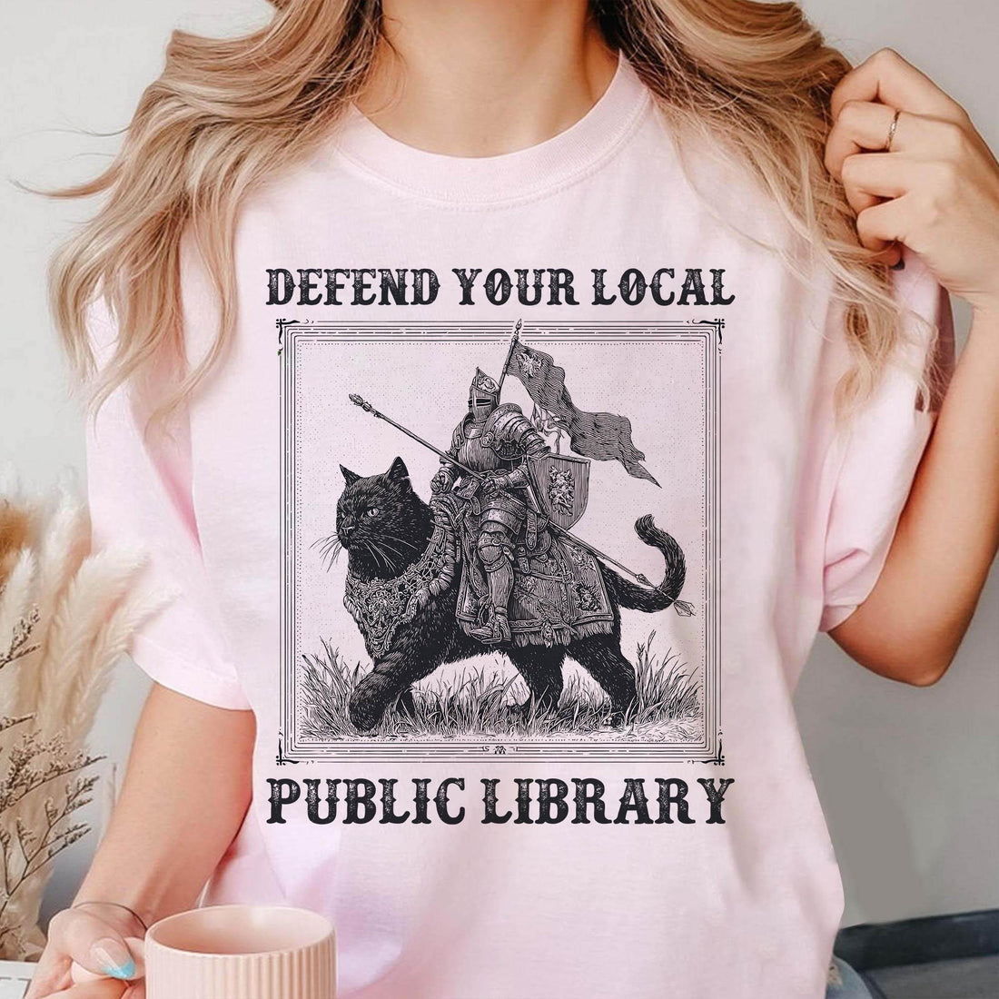 Defend Your Local Public Library Shirt – Funny Knight Cat Tee – Book Lover Reading Gift
