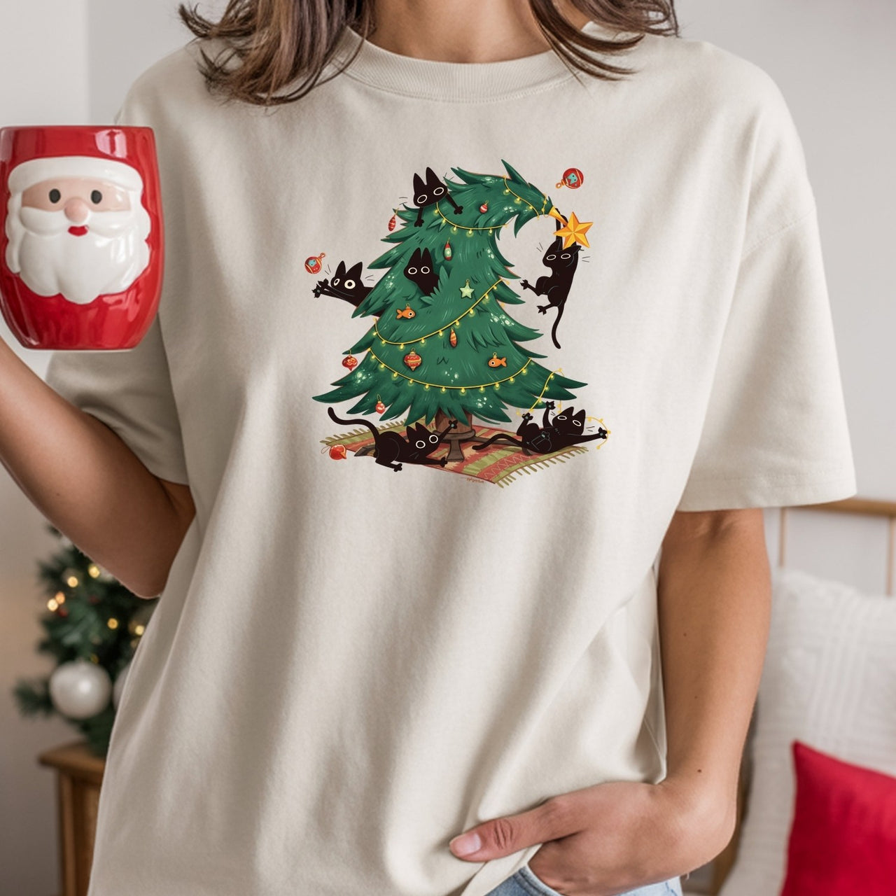 Christmas Tree and Cat Shirt – Cute Cat Lover Holiday Graphic Tee
