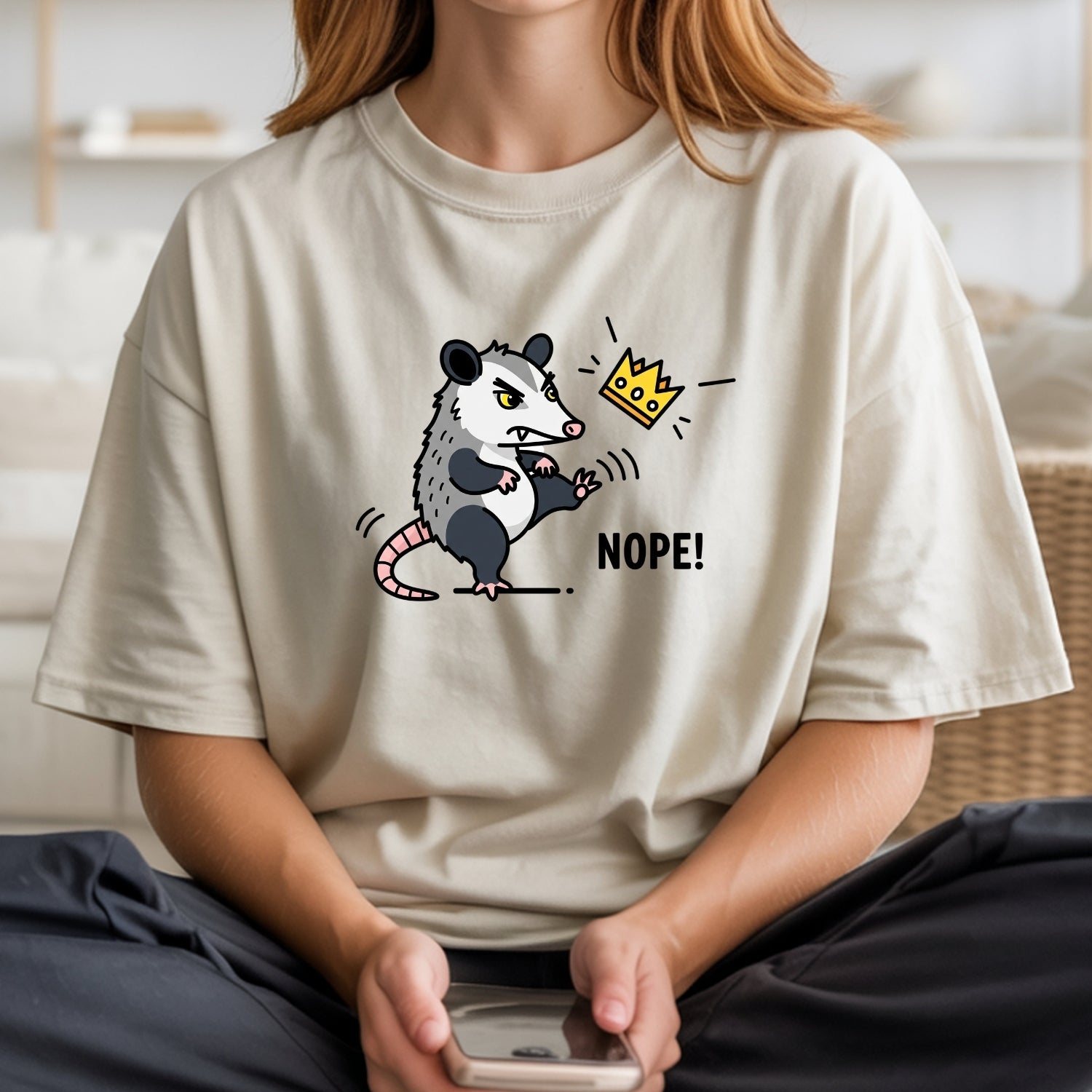 Nope Possum T-Shirt No Kings Grumpy Opossum Kicking Crown
