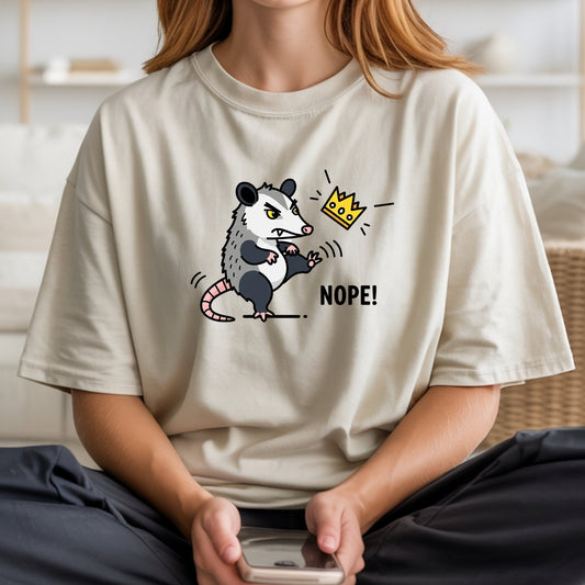 Nope Possum T-Shirt – No Kings Funny Graphic Tee – Grumpy Opossum Kicking Crown