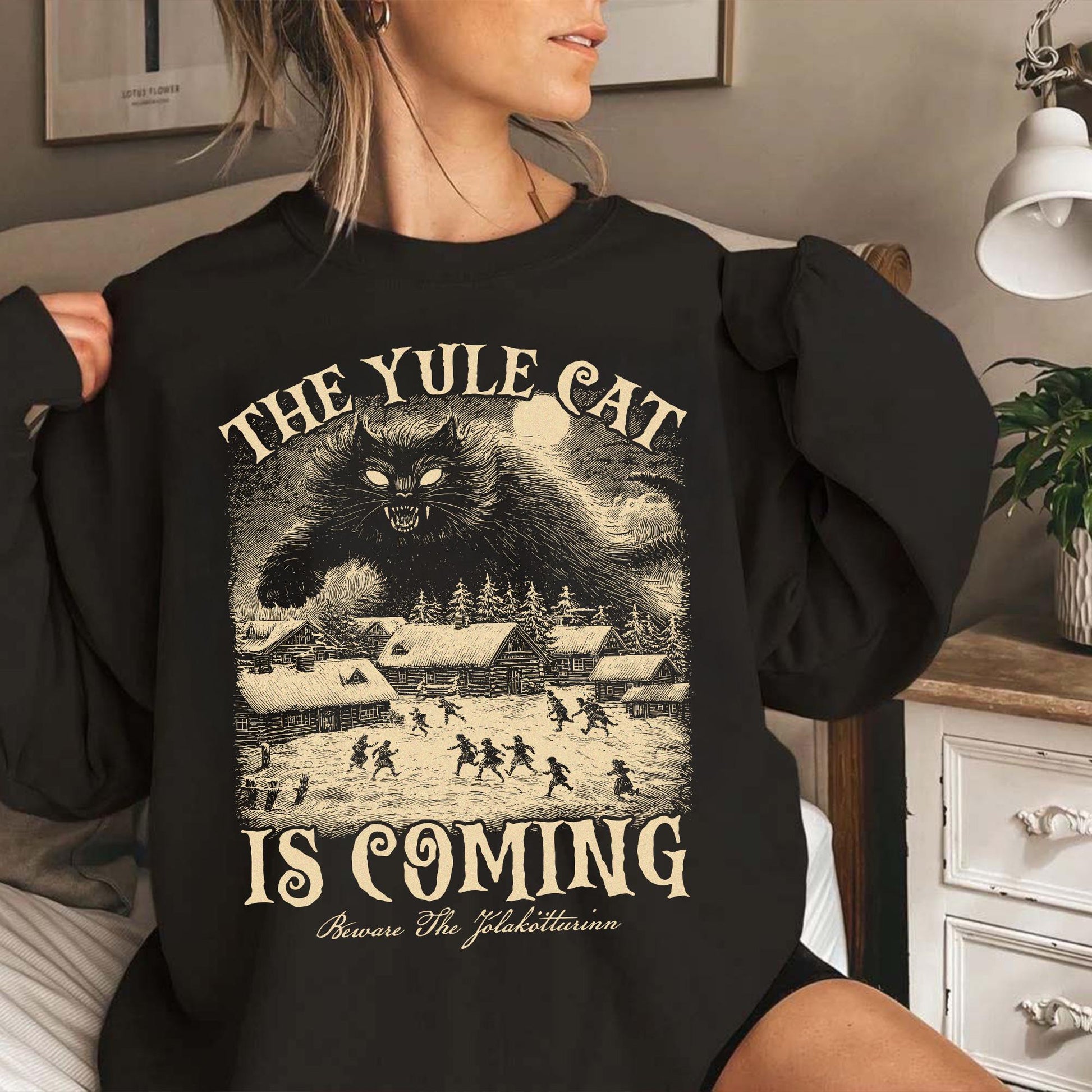 The Yule Cat Is Coming Sweatshirt – Gothic Christmas Pagan Folklore Shirt, Winter Solstice Yule Cat Gift