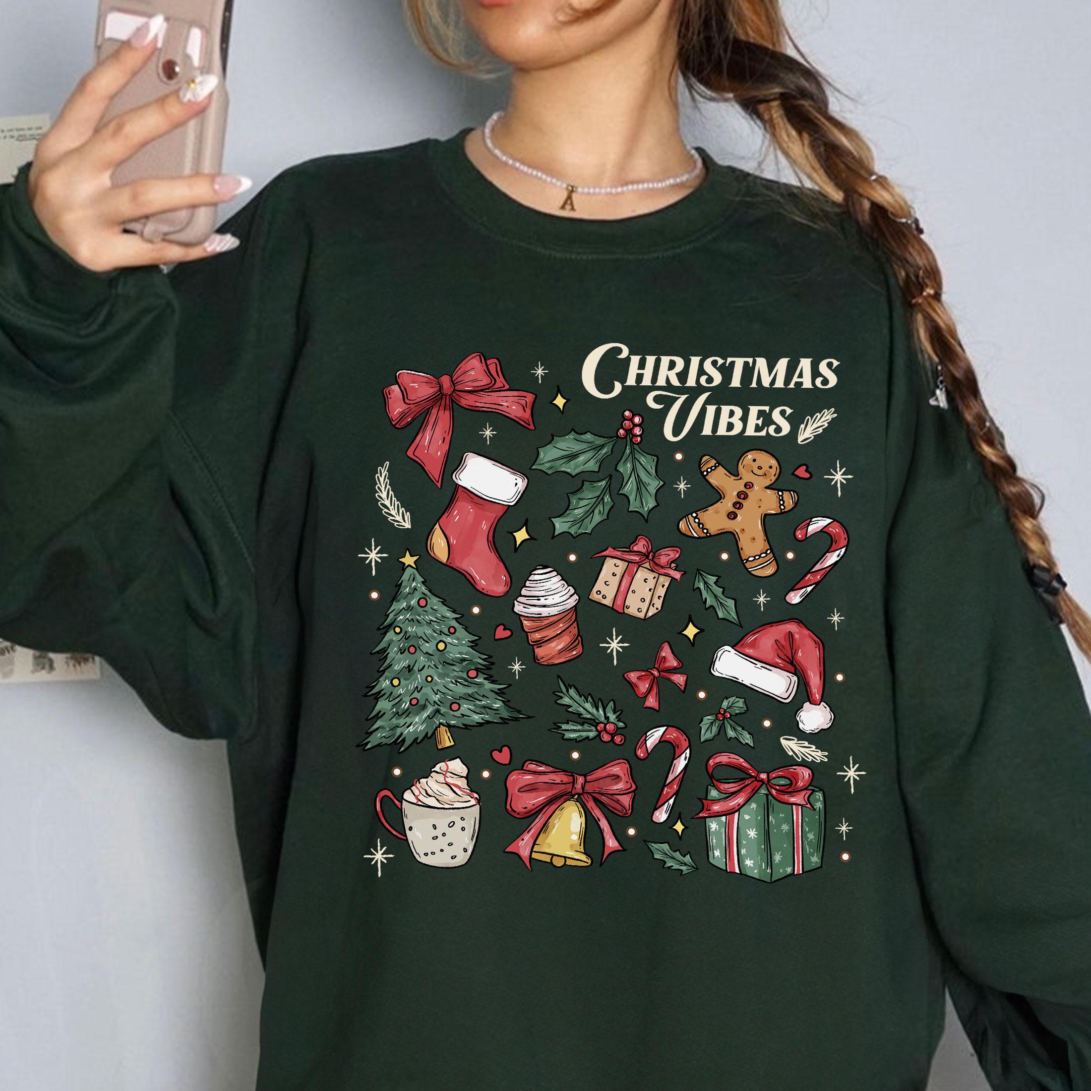 Christmas Vibes Sweatshirt – Tis The Season Holiday Crewneck, Merry & Bright Gift