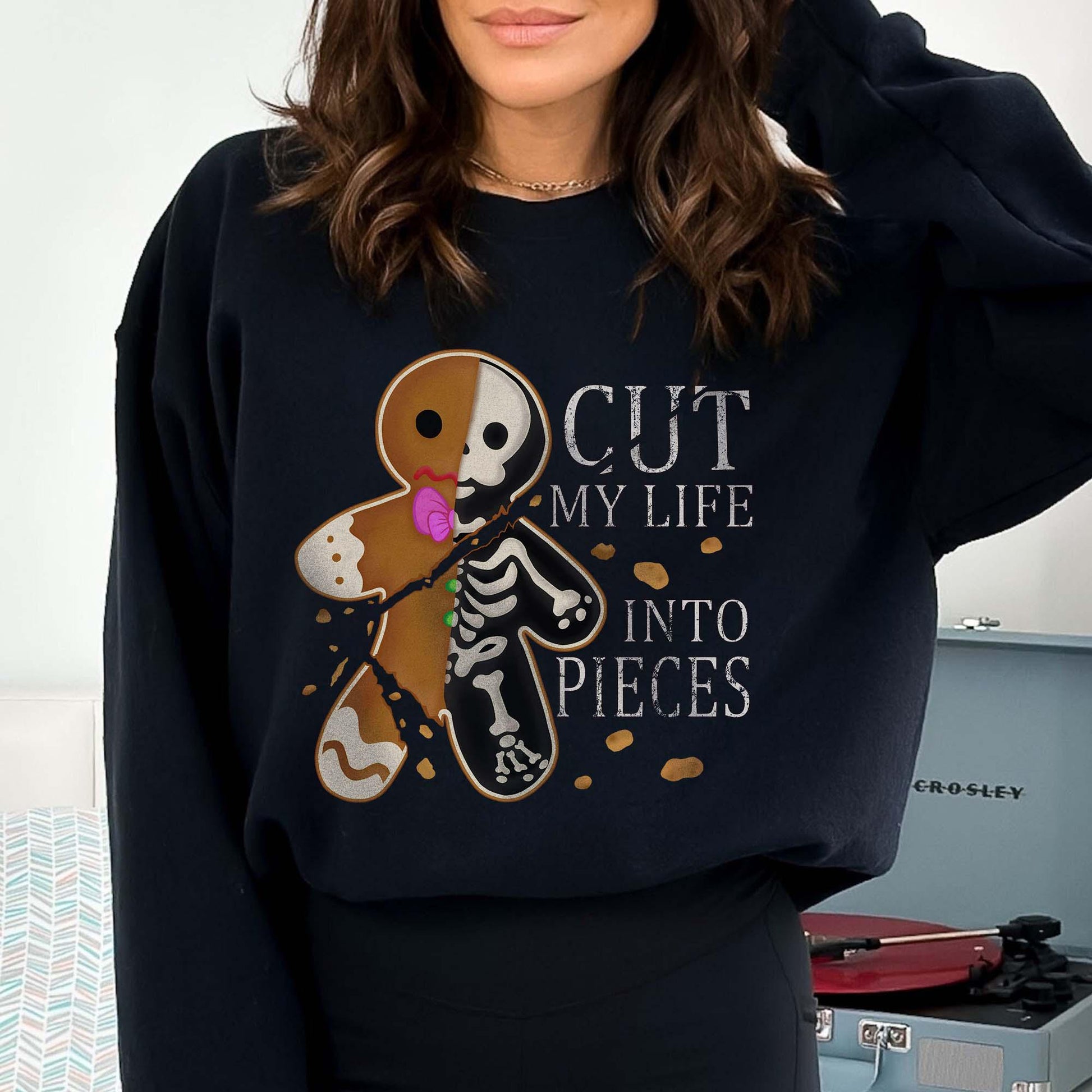 Cut My Life Into Pieces Gingerbread Christmas Sweatshirt – Elder Emo Christmas Shirt – Goth Black Aesthetic Creepmas Sweater
