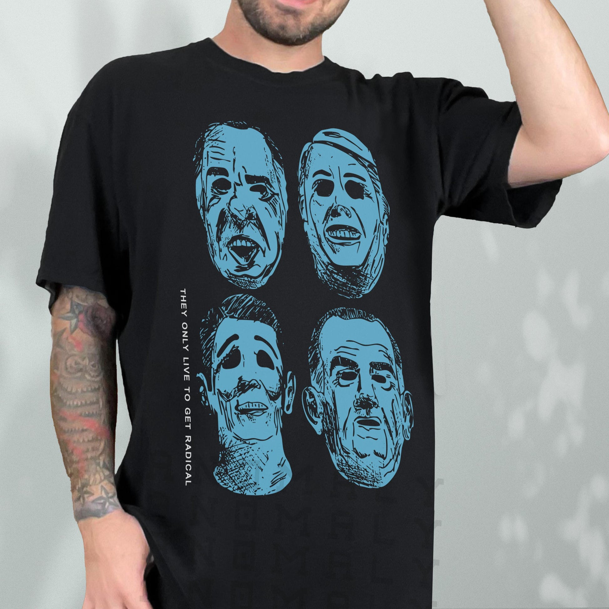 90s Action Movie T-Shirt – Bank Robbery Mask Vintage Graphic Tee