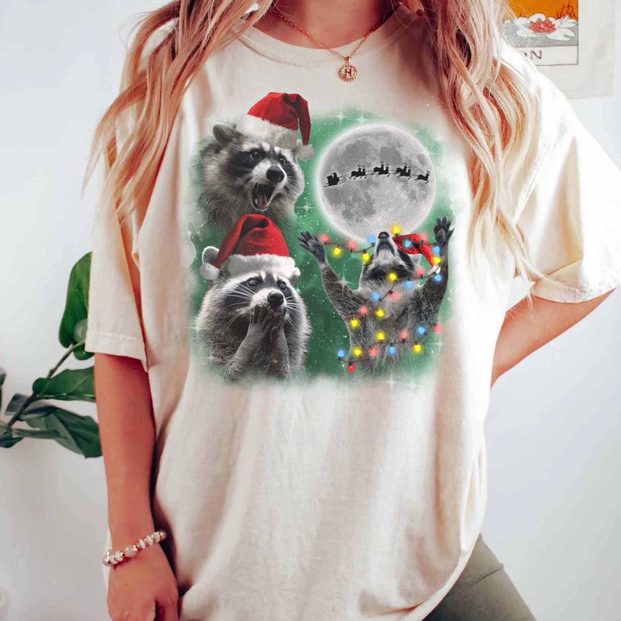 Three Raccoons With the Moon Christmas Shirt – Feral Raccoon Meme Tee – Retro Galaxy Santa Raccoon Sweater