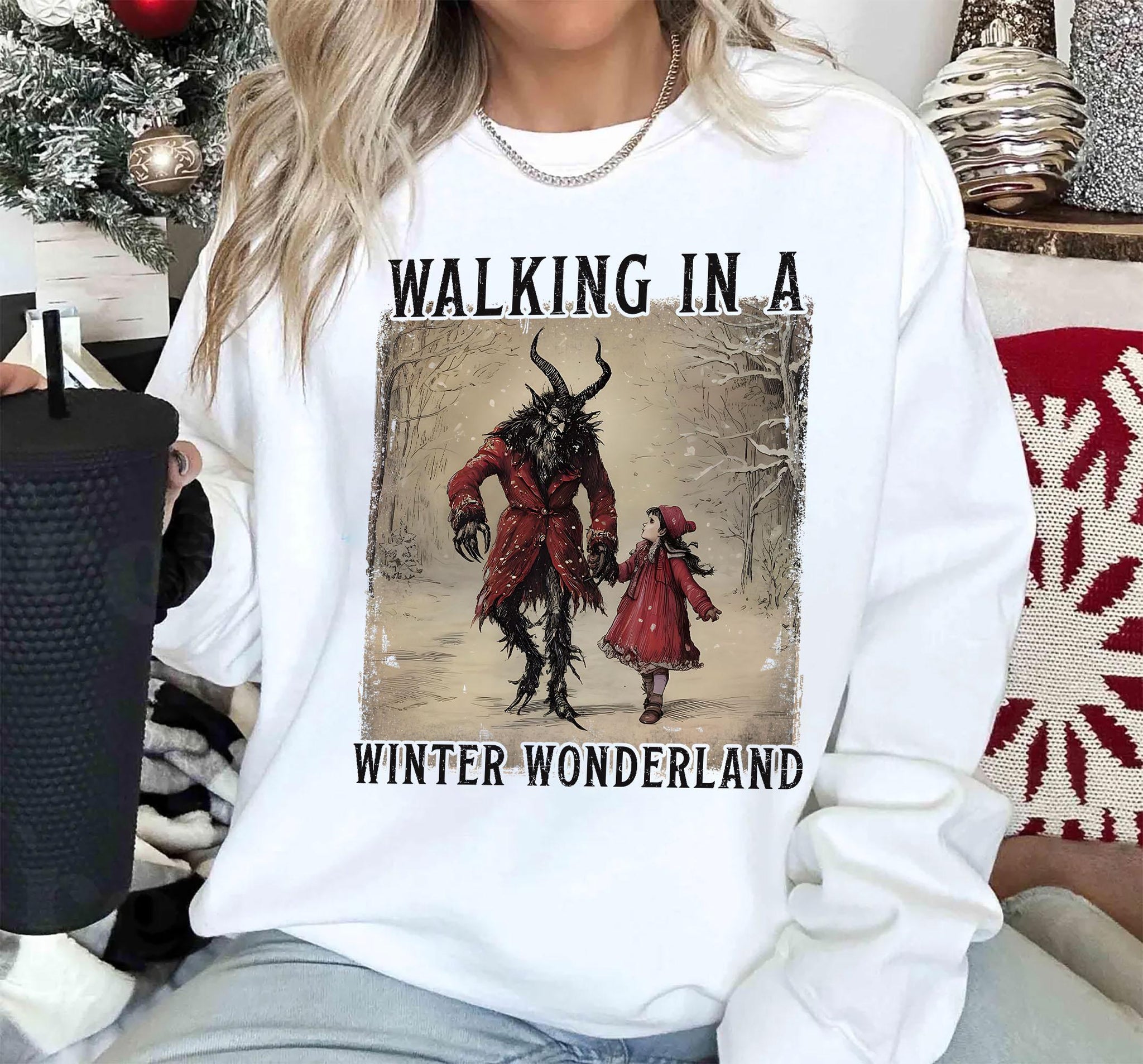Walking in a Winter Wonderland Christmas Sweater – Krampus Dark Holiday Sweatshirt – Creepy Weirdcore Yule Shirt