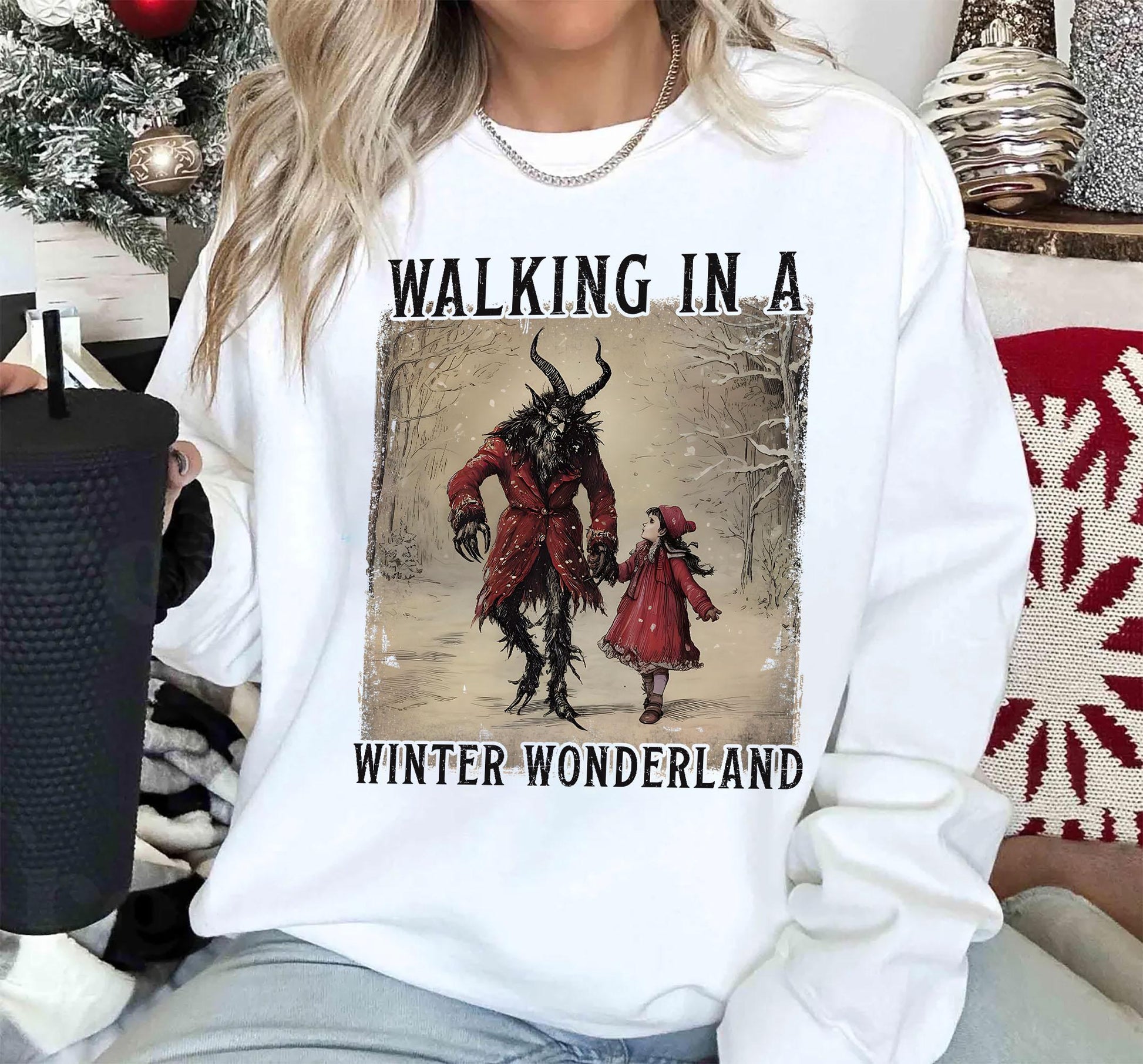 Walking in a Winter Wonderland Christmas Sweater – Krampus Dark Holiday Sweatshirt – Creepy Weirdcore Yule Shirt