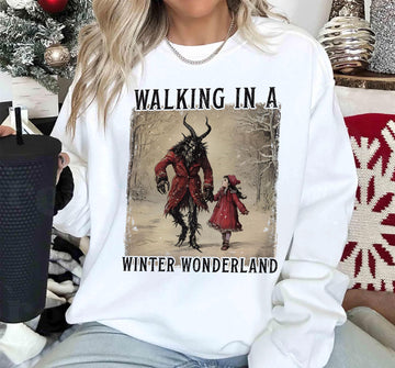 Walking in a Winter Wonderland Christmas Sweater – Krampus Dark Holiday Sweatshirt – Creepy Weirdcore Yule Shirt