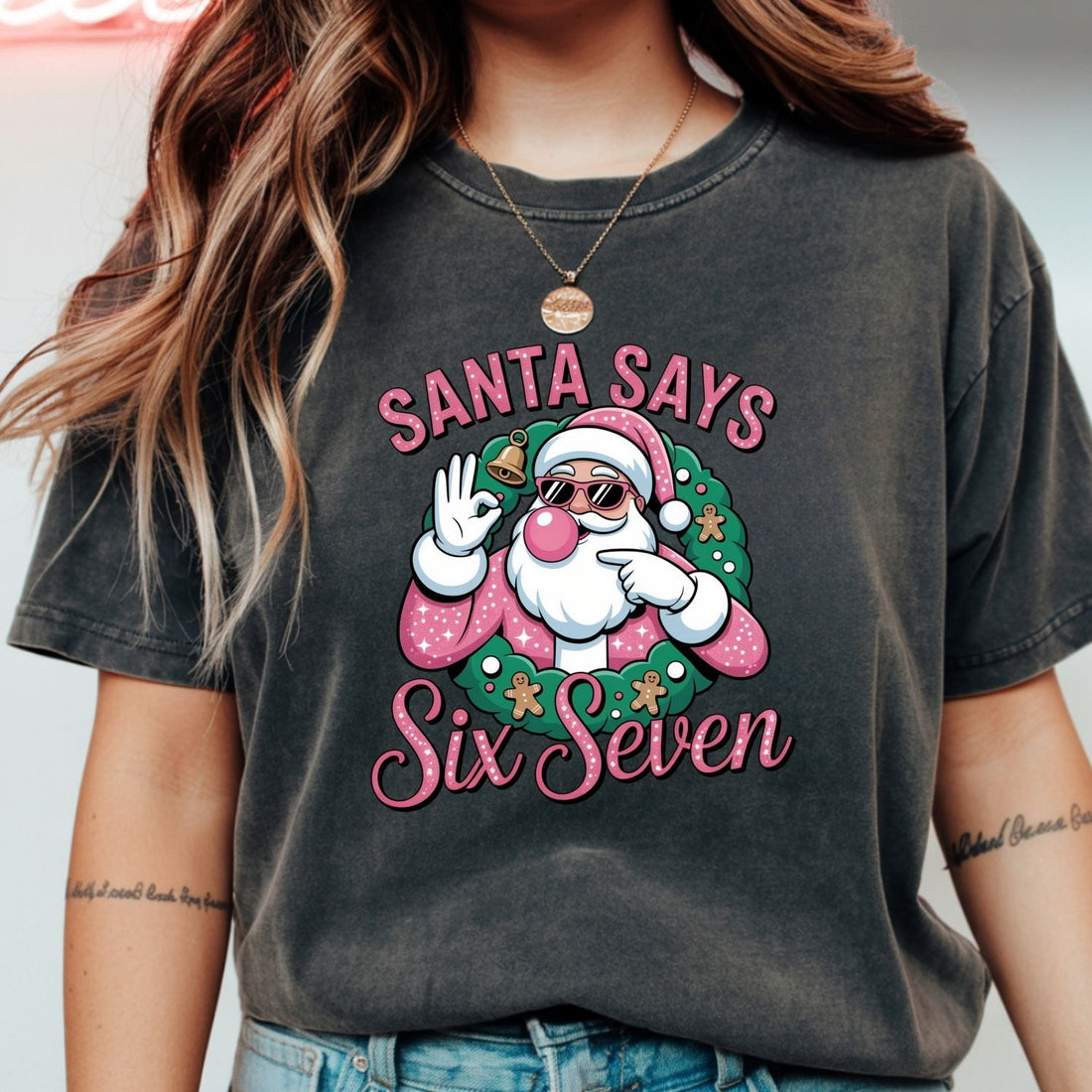 Funny Pink Santa Says Six Seven T-Shirt – Christmas Meme Graphic Tee